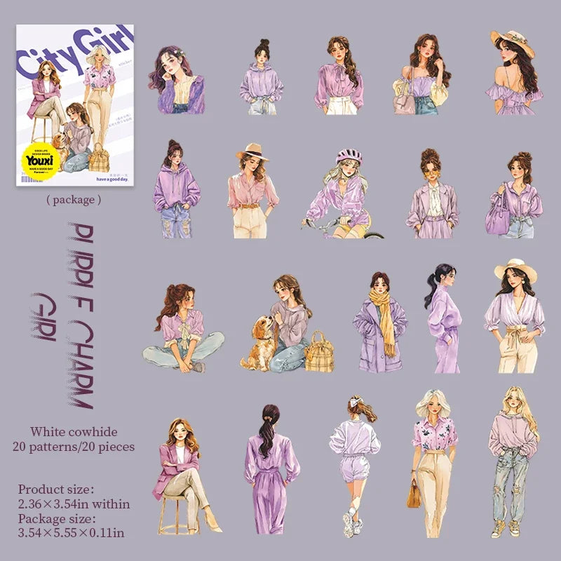 20Pcs/pack 141*90mm Urban Girl Series Teenage Character Stickers for Journals Planners Stationery DIY Crafts Supplies