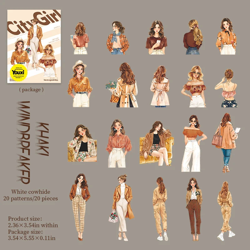 20Pcs/pack 141*90mm Urban Girl Series Teenage Character Stickers for Journals Planners Stationery DIY Crafts Supplies