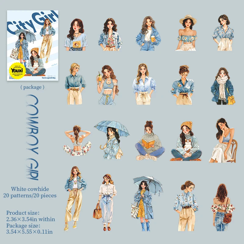 20Pcs/pack 141*90mm Urban Girl Series Teenage Character Stickers for Journals Planners Stationery DIY Crafts Supplies